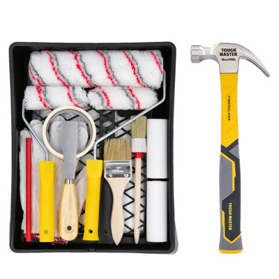 Tough Master Paint Brush Set Roller Set 17Pc With Rollers Brushes Tarpaulin Masking Tape Tray Gloves & 16 Oz Claw Hammer from B&Q