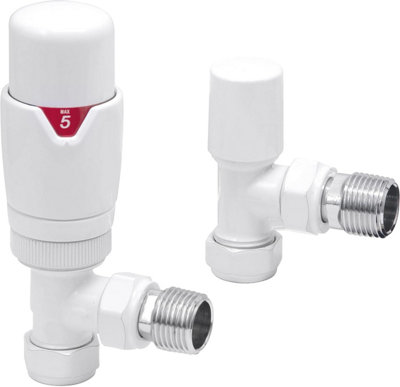 Excel Home White Thermostatic Radiator Valves And Angled Lockshield Valve Classy And Modern Design 1/2" X 15mm Angled Radiator Valves from B&Q