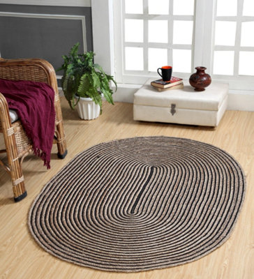 Second Nature Online Chakkar Dark Stripe Oval Jute Beige Black Rug / 120 Cm X 180 Cm from B&Q