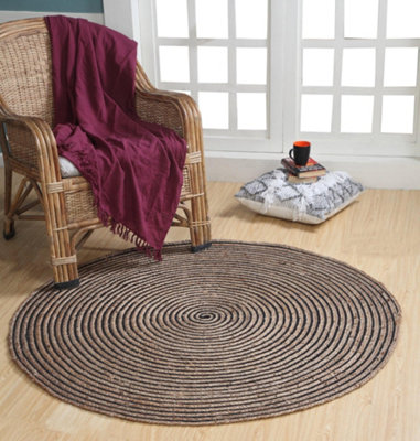 Second Nature Online Chakkar Dark Stripe Round Jute Beige Black Rug / 120 Cm Diameter from B&Q
