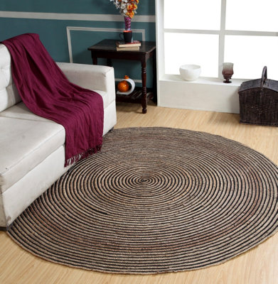 Second Nature Online Chakkar Dark Stripe Round Jute Beige Black Rug / 150 Cm Diameter from B&Q