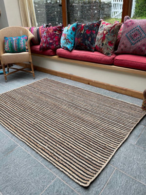 Second Nature Online Chakkar Dark Stripe Rectangular Jute Beige Black Rug / 120 Cm X 180 Cm from B&Q