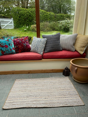 Second Nature Online Chakkar Pale Stripe Rectangular Jute Beige White Hall Rug / 60 Cm X 90 Cm from B&Q