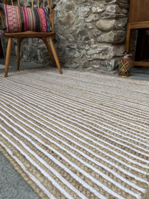 Second Nature Online Chakkar Pale Stripe Rectangular Jute Beige White Hall Rug / 90 Cm X 150 Cm from B&Q
