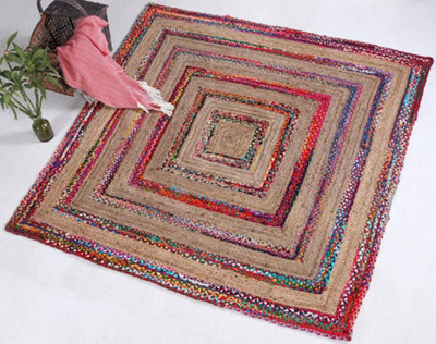 Second Nature Online Fiesta Square Rug Jute Hand Woven With Recycled Fabric / 150 Cm X 150 Cm from B&Q