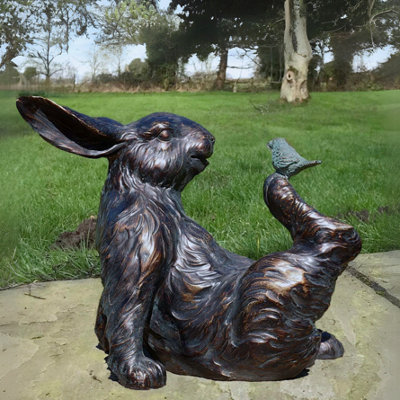 Animal Crackers Playful Rabbit With A Bird On His Foot FigurineBronze Effect Home Or Garden DecorationRabbit Lover Gift from B&Q