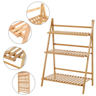  - 3-Tier Foldable Wooden Ladder Shelf Natural