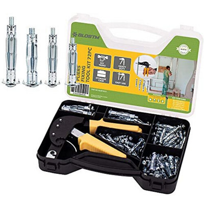  - 72Pc Hollow Wall FixingsHeavy Duty Plasterboard Fixings & Wall Anchor Setting Tool Rivet Gun Set With Carry Case