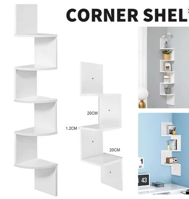  - 5 Tier Floating Wall Shelves Corner Shelf Storage Wood Display Bookcase Unit