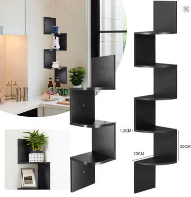  - 5 Tier Floating Wall Shelves Corner Shelf Storage Wood Display Bookcase Unit