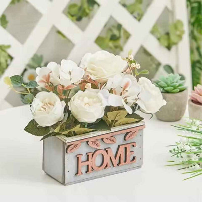 15Cm Artificial White Hydrangea & Peony Flowers In Farmhouse Wooden PotSilk Floral Arrangement For Tabletop & Home Décor from B&Q