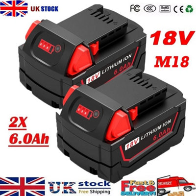 B&Q 2X 6.0Ah Battery Compatible With Milwaukee M18 18V  Lithium Xc Batteries 48-11-1860