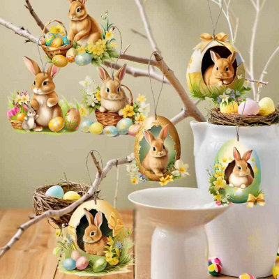 18Pcs Easter Wooden Ornaments Set 2D Bunny & Egg Pendants For Home And Garden Decor from B&Q