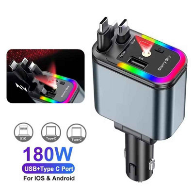 B&Q 5 In 1 Fast Car Charger With Retractable Cables And Roof Projector For All Devices.