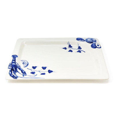 Verano Spanish Ceramics Coastal Ceramics Hand Painted Kitchen Dining Table Décor Sea Shell Rectangular Platter (L) 37Cm from B&Q