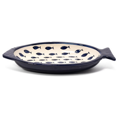 Verano Spanish Ceramics Blue Signature Hand Painted Ceramic Kitchen Dining Fish Shaped Serving Dish (L) 41Cm