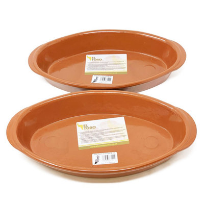 Verano Spanish Ceramics El Toro Glazed Terracotta Kitchen Dining Oval Oven Dishes Set Of 2 X 32Cm Brown