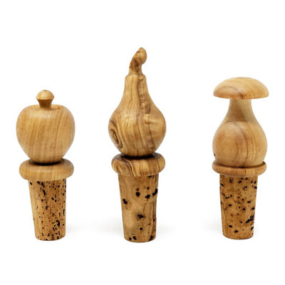 Verano Spanish Ceramics Unisex Natural Olive Wood Grained Rustic Set Of 3 Cork Bottle Stoppers H 8Cm - Image 2