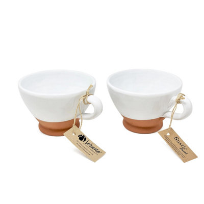 Verano Spanish Ceramics Rustic Pastel Half Dipped Terracotta Kitchen Set Of 2 Breakfast Cups 14Cm White