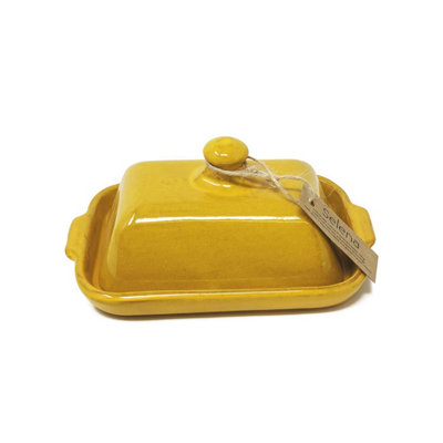 Verano Spanish Ceramics Yellow Selena Glazed Hand Dipped Kitchen Dining Butter Dish (L) X (H) 9Cm 20Cm