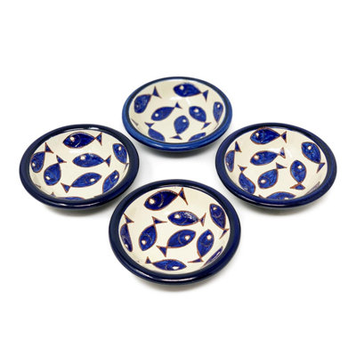 B&Q -  Signature Blue & White Fish Hand Painted Ceramic Set Of 4 Tapas Food Bowls (Diam) 10Cm