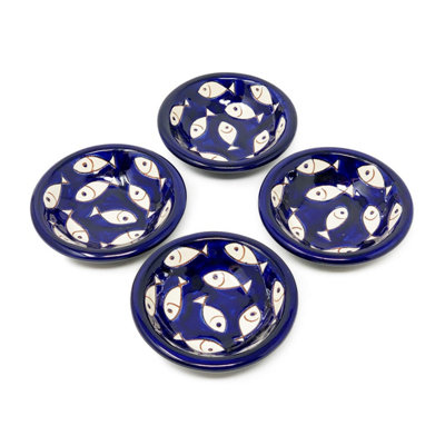 B&Q -  Signature Blue & White Fish Hand Painted Ceramic Set Of 4 Tapas Bowls (Diam) 10Cm
