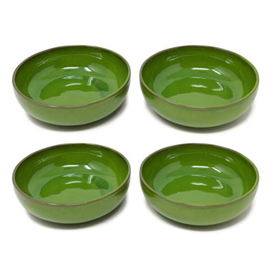 Verano Spanish Ceramics Dark/Green Selena Glazed Hand Dipped Kitchen Dining Set Of Shallow Bowls (Diam) 14Cm Size 4