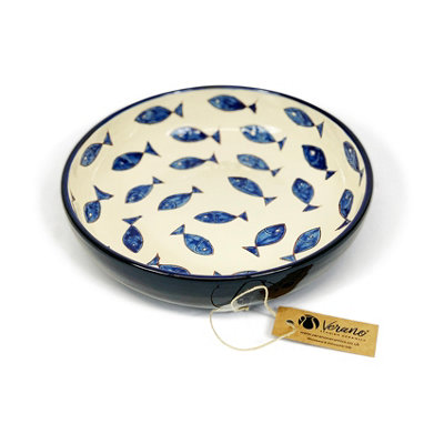 Verano Spanish Ceramics Blue/White Signature & Fish Hand Painted Ceramic Kitchen Dining Bowl (Diam) Fish 23Cm