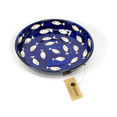 Verano Spanish Ceramics Blue/White Signature & Fish Hand Painted Ceramic Kitchen Dining Bowl (Diam) Fish 23Cm