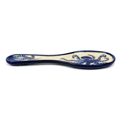 Verano Spanish Ceramics Blue/White Signature & Octopus Hand Painted Ceramic Utensil Spoon Rest (L) 28Cm
