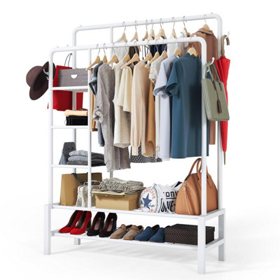  - Klass Home Collection Heavy Duty Clothes Rail120 Kg White Metal Rack With Double Hanging Clothing Shoe Storage Shelves & 4 Coat