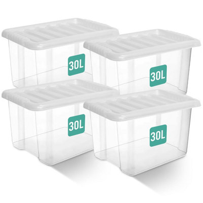 Klass Home Collection 4 X 30 Litre Clear Plastic Storage Boxes With Lids Set Of 4Strong Multipurpose Stackable Box Lid 30 L from B&Q