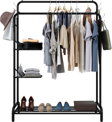 Klass Home Collection Black Heavy Duty Clothes Rail, Sturdy Metal Clothes Rack With Double Hanging Clothing Rail, Shoe Rack, 2 Folding Shelves 100Kg
