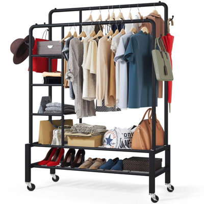  - Klass Home Collection Heavy Duty Clothes Rail120 Kg Black Metal Rack With Double Hanging Clothing Shoe Storage Shelves & 4 Coat