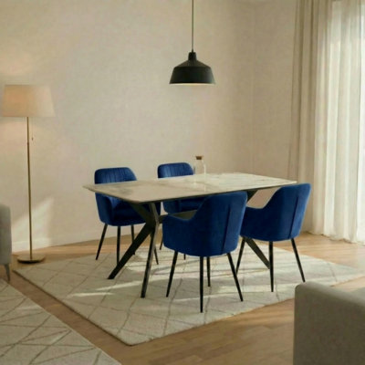 Outdoor Living (NW) Ltd San Diego Marble Top Dining Table With Charlotte Velvet ChairsBlue from B&Q
