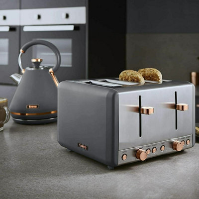 Tower Cavaletto 3Kw 1.7L Pyramid Kettle And 1800W 4-Slice Toaster Set Grey And Rose Gold