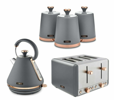 Tower Cavaletto 3Kw Pyramid Kettle4-Slice Toaster & 3 Canisters Set Grey And Rose Gold from B&Q