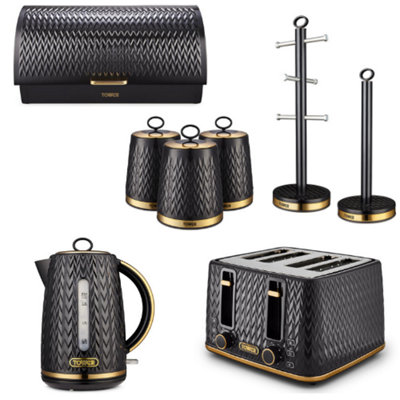 Tower Empire Black 8-Piece Kitchen Set1.7L 3Kw Kettle4-Slice ToasterBread Bin & Canisters from B&Q