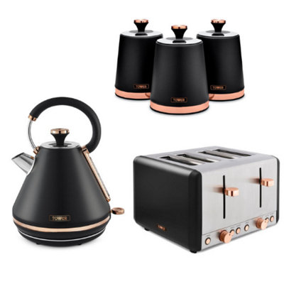 Tower Cavaletto Pyramid Kettle4-Slice Toaster & 3 Canisters Set In Black And Rose Gold. from B&Q