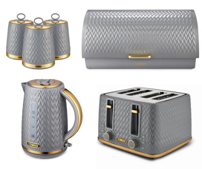 Tower Empire 6-Piece Kitchen Set3Kw 1.7L Kettle4-Slice ToasterBread Bin & 3 CanistersGrey With Brass Accents. from B&Q