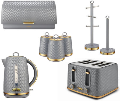 Tower Empire 8-Piece Set3Kw 1.7L Kettle4-Slice ToasterBread Bin & CanistersGrey Brass Accents from B&Q