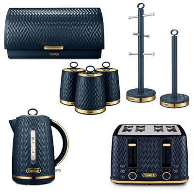 Tower Empire Midnight Blue 8-Piece Kitchen Set3Kw 1.7L Kettle4-Slice ToasterBread BinCanistersMug Tree & Towel Pole from B&Q