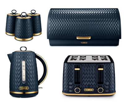 Tower Empire Midnight Blue Kitchen Set1.7L 3Kw Kettle4-Slice ToasterBread Bin & 3 Canisters With Brass Accents from B&Q