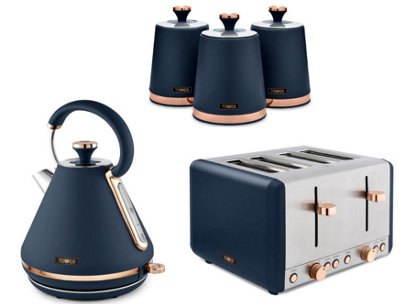 Tower Cavaletto 3Kw 1.7L Pyramid Kettle1800W 4-Slice Toaster And 3 Canisters Matching Set Midnight Blue & Rose Gold. from B&Q