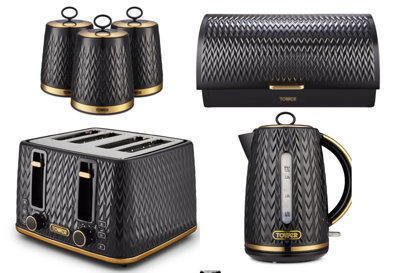 Tower Empire 1.7L 3Kw Jug Kettle4-Slice ToasterRoll-Top Bread Bin & 3 Canisters Matching Set Of 6 In Black With Brass Accents from B&Q