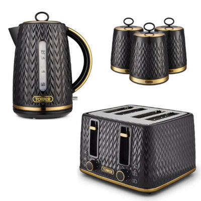 Tower Empire 1.7L 3Kw Jug Kettle4-Slice Toaster & 3 Canisters SetArt Deco Black With Brass Accents from B&Q