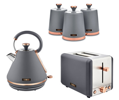 Tower Cavaletto 3Kw Pyramid Kettle2-Slice Toaster & 3-Piece Canister Set In Grey And Rose Gold from B&Q