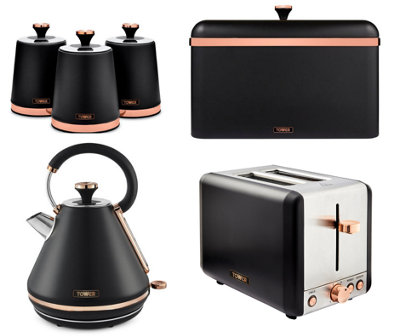 Tower Cavaletto 6-Piece Kitchen Set1.7L Pyramid Kettle2-Slice ToasterBread Bin & 3 CanistersBlack With Rose Gold from B&Q