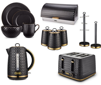Tower Empire 3Kw 1.7L Kettle & 4-Slice Toaster SetBlack Brass from B&Q