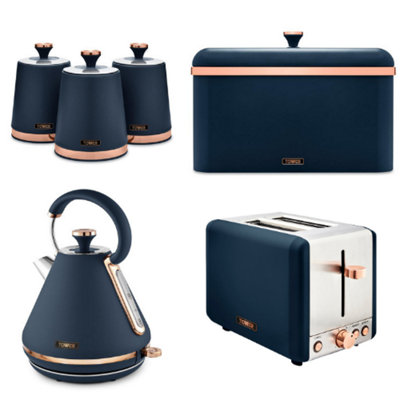 Tower Cavaletto Pyramid 3Kw 1.7L Kettle2-Slice ToasterBread Bin & 3 Canisters Matching SetMidnight Blue & Rose Gold from B&Q